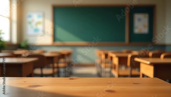 Fototapeta wooden desk surface, empty classroom background