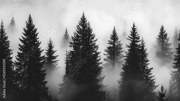Fototapeta Misty Black and White Forest with Tall Pine Trees – Cinematic Moody Monochrome Wallpaper for Modern Interiors