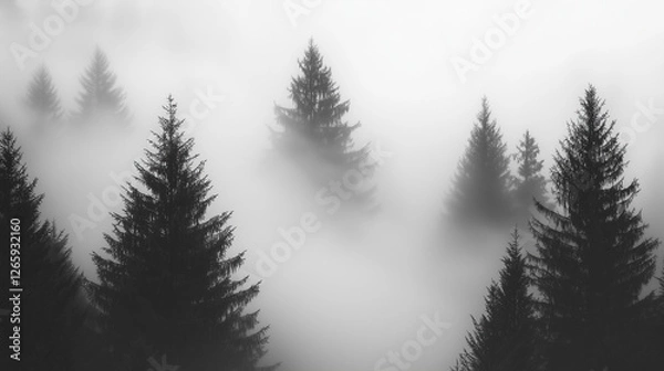 Fototapeta Misty Black and White Forest with Tall Pine Trees – Cinematic Moody Monochrome Wallpaper for Modern Interiors