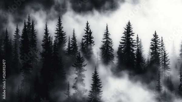Fototapeta Misty Black and White Forest with Tall Pine Trees – Cinematic Moody Monochrome Wallpaper for Modern Interiors