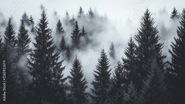Fototapeta Misty Black and White Forest with Tall Pine Trees – Cinematic Moody Monochrome Wallpaper for Modern Interiors