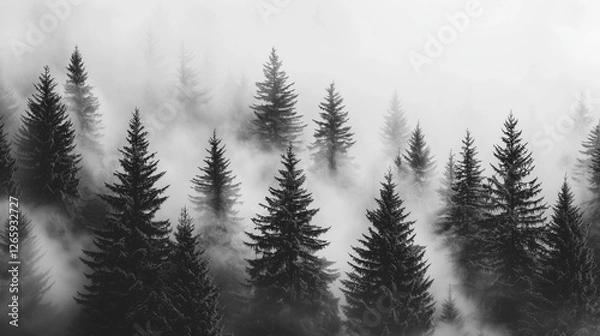 Fototapeta Misty Black and White Forest with Tall Pine Trees – Cinematic Moody Monochrome Wallpaper for Modern Interiors