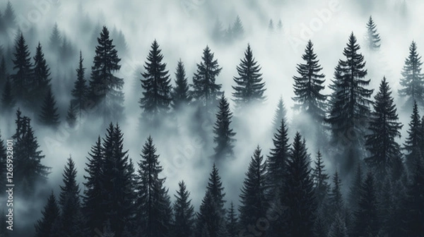 Fototapeta Misty Black and White Forest with Tall Pine Trees – Cinematic Moody Monochrome Wallpaper for Modern Interiors