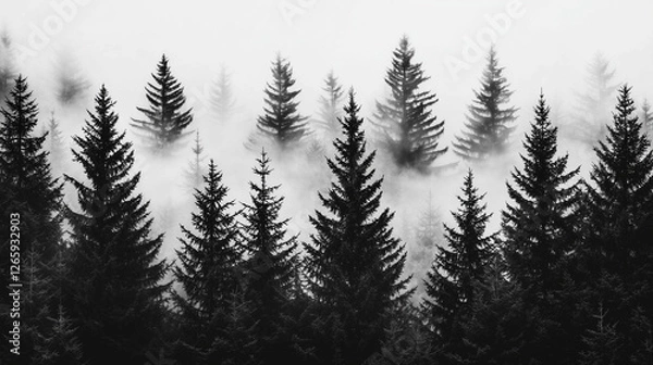 Fototapeta Misty Black and White Forest with Tall Pine Trees – Cinematic Moody Monochrome Wallpaper for Modern Interiors