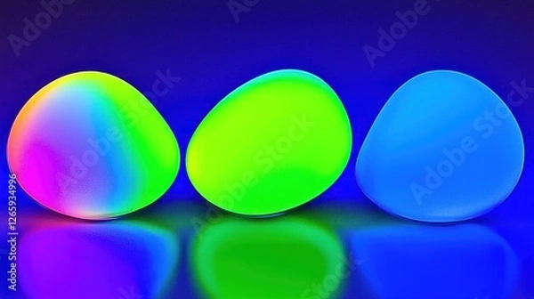 Fototapeta Colorful glowing stones on reflective surface, neon background, decorative objects