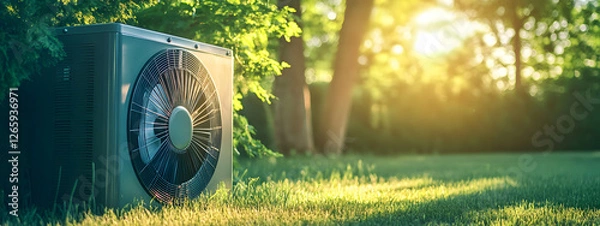 Obraz A photograph of an air source heat pump in the backyard
