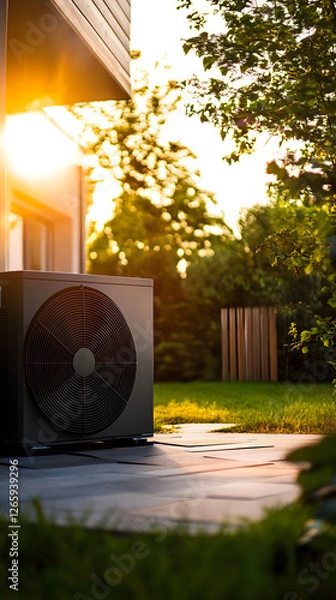 Obraz A photograph of an air source heat pump in the backyard
