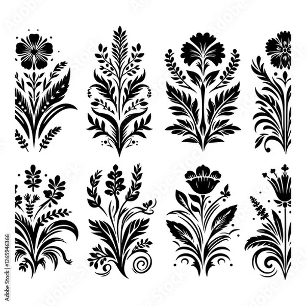 Fototapeta Silhouette of a set floral design with thick outline side view isolated, no text, no shadow