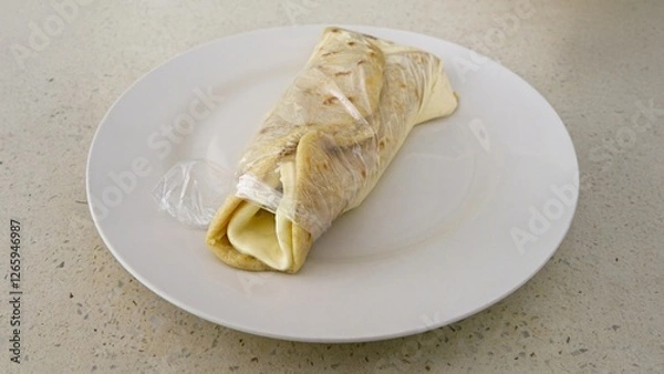 Obraz Quesillo, a typical Nicaraguan food made of cheese, cream and pickled onions. served in a plastic bag