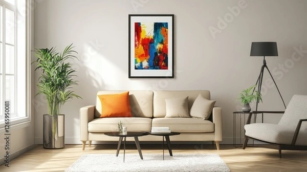 Obraz Bright living room featuring abstract art above a beige couch