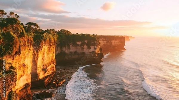 Fototapeta Golden Cliffs Bask in Sunset Coastal Glow