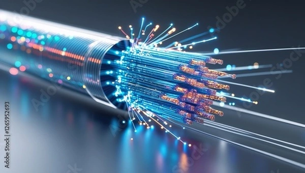 Fototapeta 3D Rendering of Cracked Open Fiber Optic Cable with Light Pulses