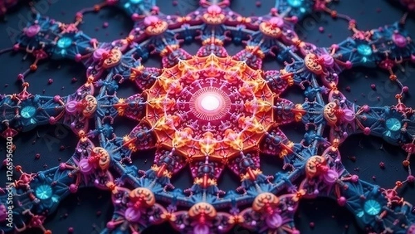 Obraz A sacred 3D kaleidoscopic mandala with abstract, trippy art and psychedelic trance visuals, energizing the third eye and chakras in