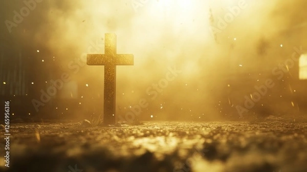 Fototapeta cross stands on the ground, with golden light shining from behind it. The background is blurry and has an ethereal feel. 