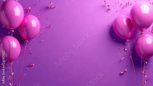 Obraz Purple birthday or anniversary horizontal banner with flying helium balloons and confetti ribbons. Realistic 3d vector illustration of holiday surprise and congratulation template.