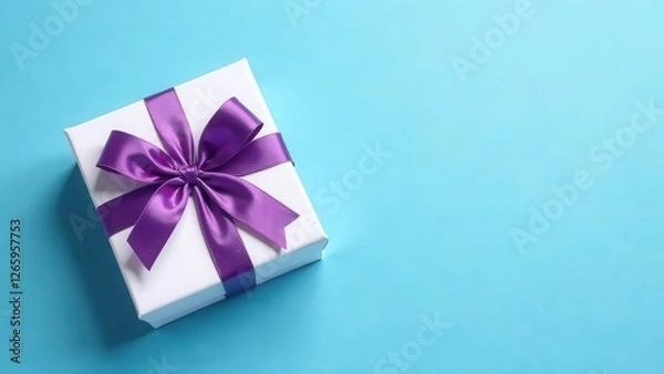 Obraz White gift box with a purple ribbon bow are in the frame on blue background. Valentines day concept. Flat lay top view stop motion animation with space for text
