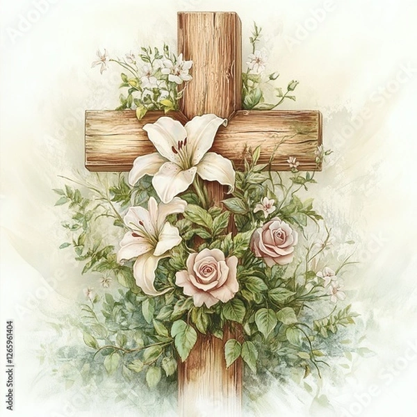 Fototapeta A beautifully designed Christian cross adorned with delicate flowers, symbolizing faith, peace, and spirituality in an elegant vector style.

