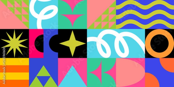 Fototapeta A vibrant geometric pattern collection with dynamic shapes and bright colors. Perfect for modern designs, backgrounds, and abstract visuals with a playful touch.