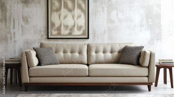 Fototapeta Comfortable modern sofa with decorative pillows against a textured wall