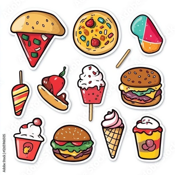 Obraz Colorful playful food stickers featuring pizza slices, ice cream, and tasty treats for creative projects and fun designs. Generative AI