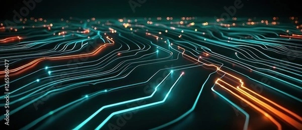 Fototapeta Abstract Digital Network with Glowing Teal and Orange Lines