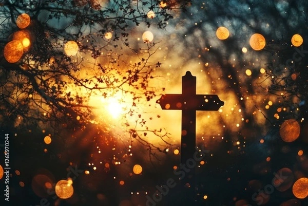 Fototapeta cross silhouette against the backdrop of an Easter sunrise, symbolizing hope and renewal in Jesus Christ's Resurrection as they radiate with divine light. 