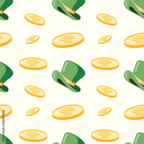 Obraz Seamless pattern of hand drawn Irish green hats and golden coins on isolated background. Design for St. Patrick’s day celebration, party decoration, scrapbooking, home decor, textile, paper crafts.