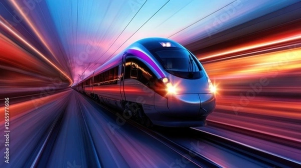 Fototapeta A futuristic train speeding along its tracks is beautifully captured, illustrating the movement and technology of modern transportation in a vibrant and colorful setting.