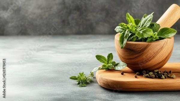 Fototapeta A wooden mortar and pestle contain vibrant green herbs, symbolizing freshness and culinary traditions, perfect for emphasizing natural ingredients and cooking themes.