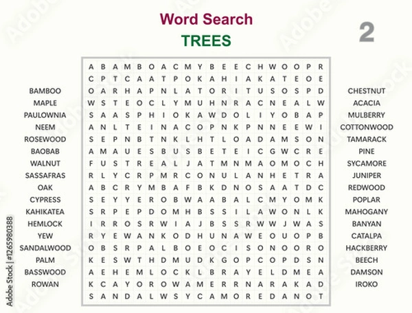 Fototapeta Word search puzzle vector (Word find game) illustration. Trees 