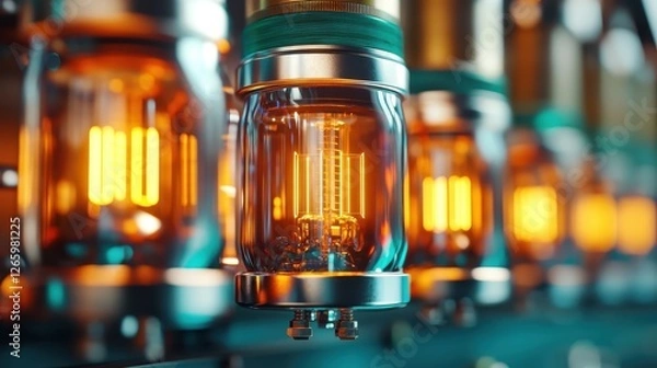 Fototapeta An elegant glass vacuum tube with a warm glowing filament is presented against a mesmerizing background, highlighting its intricate details and nostalgic appeal.