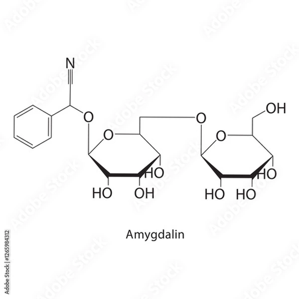 Fototapeta Amygdalin skeletal structure.Cyanogenic glycoside compound schematic illustration. Simple diagram, chemical formula.