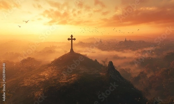 Fototapeta Cinematic photograph of an empty cross on top of a hill, during the golden hour, with a misty valley in the background, birds flying, and an orange sky