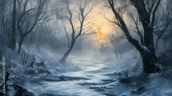 Fototapeta Misty winter landscape with frozen stream and bare trees. Burning Ice Cathedrals. Illustration