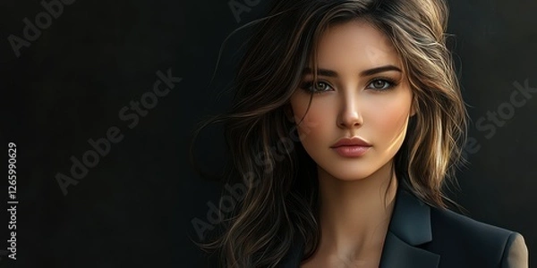 Obraz Woman with long brown hair poses confidently in a black blazer against a dark background during an elegant portrait session