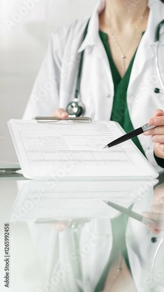 Fototapeta Female doctor in a hospital setting is pointing at medical chart, showcasing expertise in a close up shot. Medicine