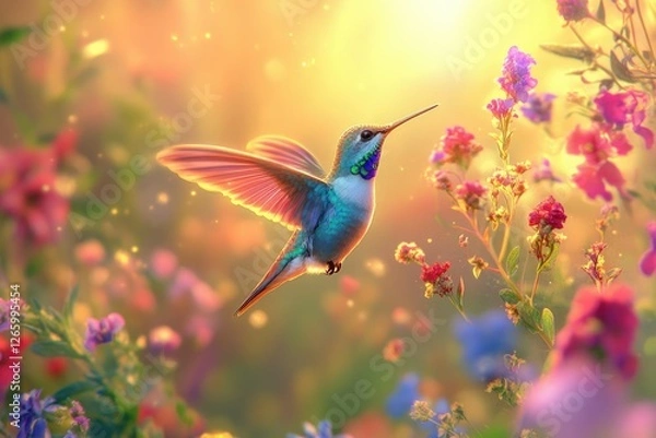 Fototapeta A vibrant hummingbird hovers amidst a radiant bloom of colorful flowers in a sun-drenched meadow.