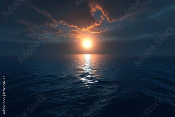 Fototapeta dark ocean with the sun setting on one side, casting long shadows across its surface.
