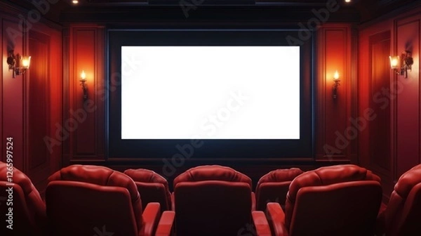 Fototapeta Luxury Home Theater Room with Red Leather Seating and Large Projection Screen
