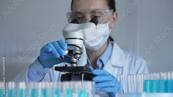 Fototapeta Scientist woman, wearing a lab coat, mask, blue gloves and safety glasses, is adjusting a microscope surrounded by test tubes in laboratory. Medicine and science concept