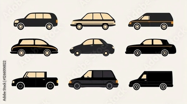 Fototapeta A set of black cars are shown in a row, with the first car being a van