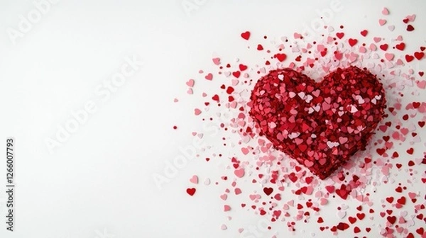 Fototapeta A heart made of red and pink paper is scattered across a white background