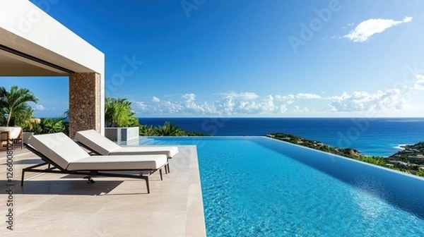 Fototapeta A beautiful pool with two lounge chairs on the edge of it