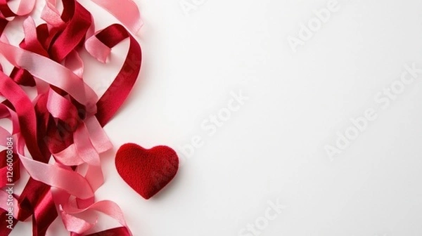 Fototapeta A red ribbon with a pink ribbon on it is laying on a white background