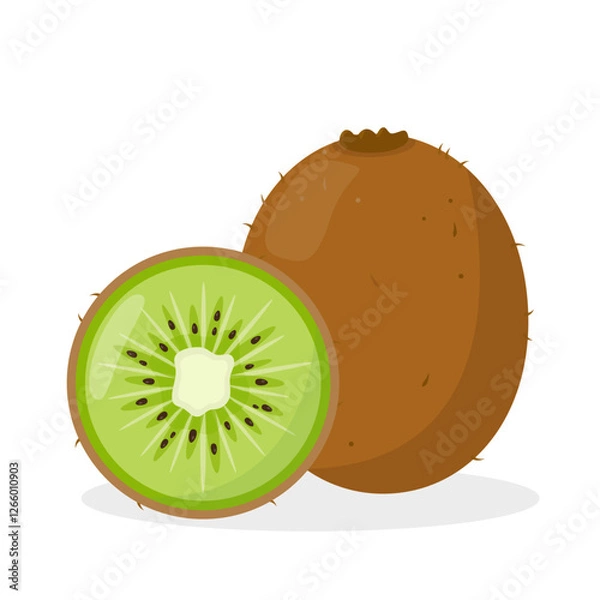 Fototapeta Fresh Kiwi icon. Whole tropical fruit kiwi and slice. Organic fruit for juice, smoothie or vitamin healthy food. Vector illustration isolated on white background.