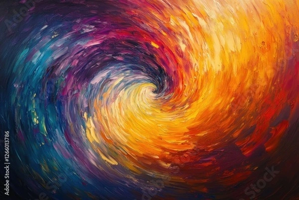 Fototapeta A vibrant, swirling abstract painting in warm and cool tones, depicting a vortex of color and energy.