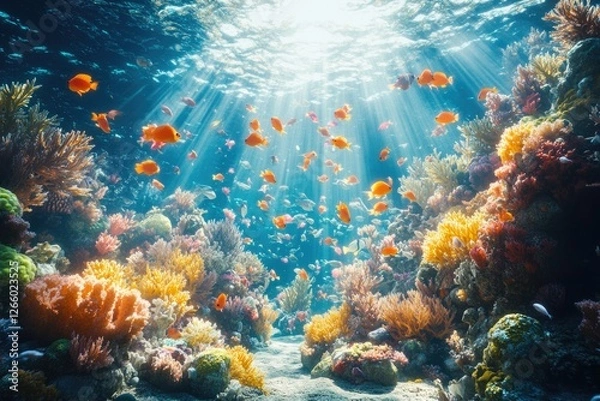 Fototapeta Vibrant coral reef teeming with colorful fish, sunlit underwater scene.