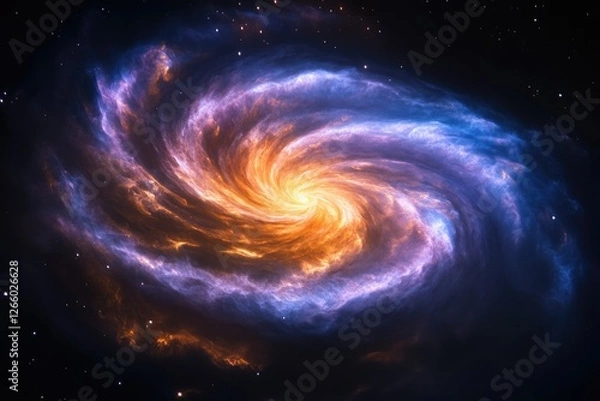 Fototapeta A mesmerizing spiral galaxy, ablaze with vibrant orange and blue hues, swirling amidst a star-studded cosmos.