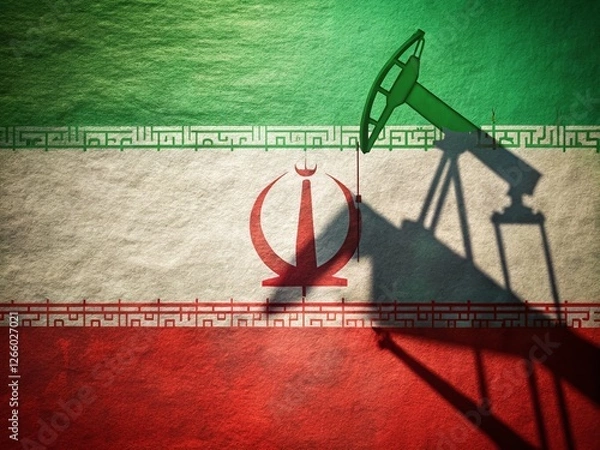 Fototapeta Panoramic View: Oil Pump Shadow on Iranian Flag, Energy Industry, Middle East