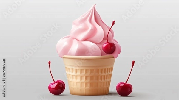 Obraz Waffle Cone Ice Cream with Cherries Isolated on White Background